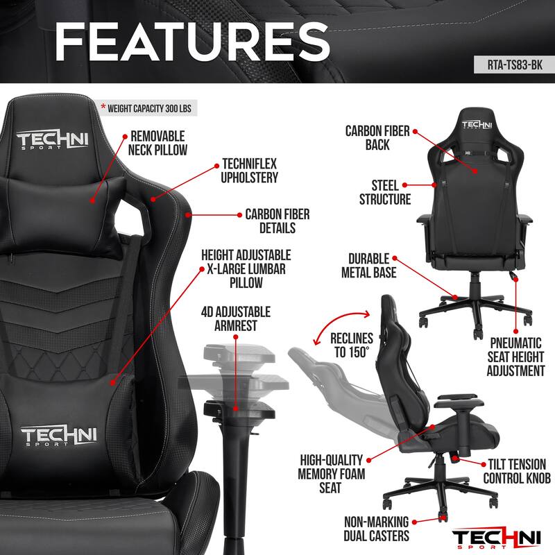 Sport Ergonomic High Back Racer Style PC Gaming Chair - Black