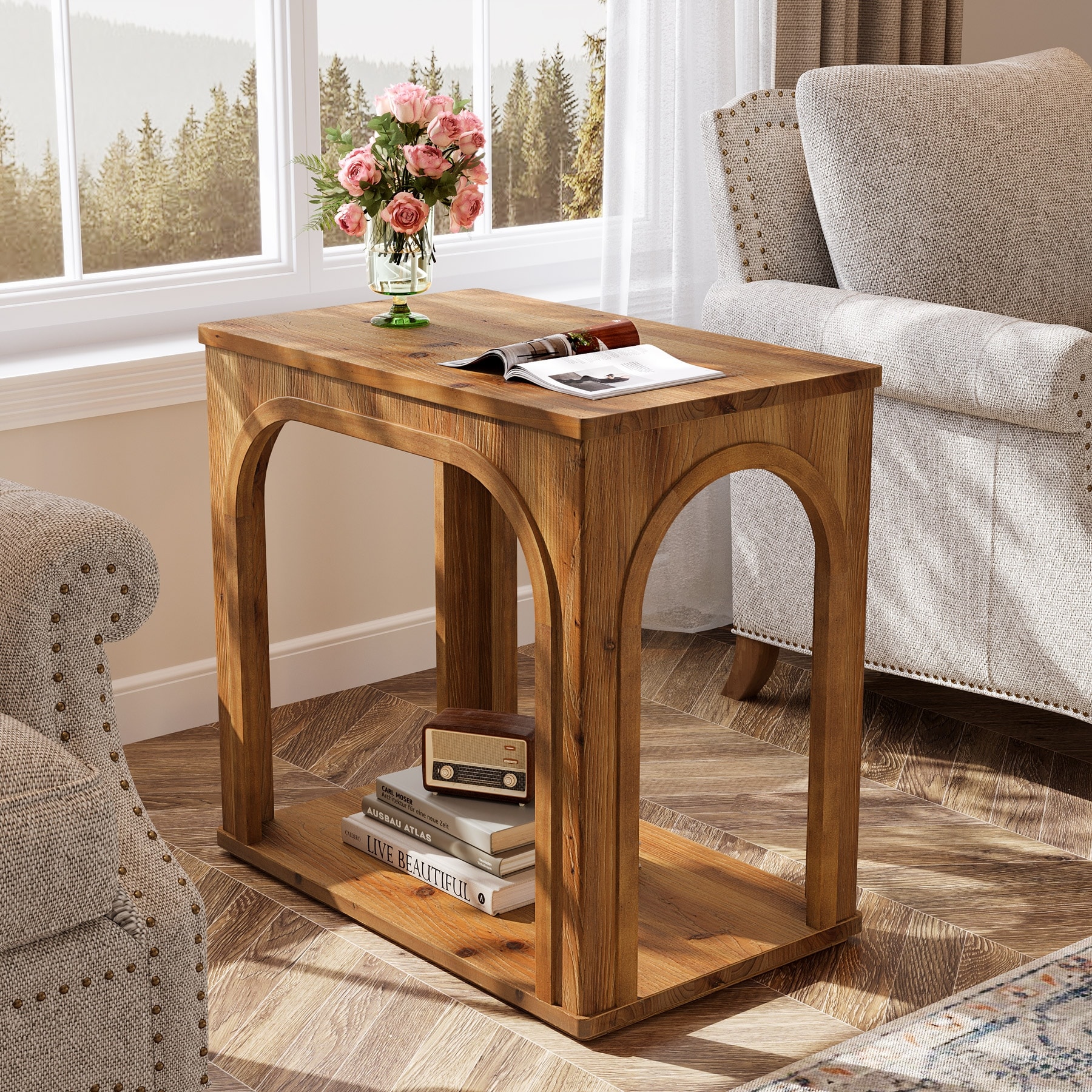25" Solid Wood End Table with Storage Shelf