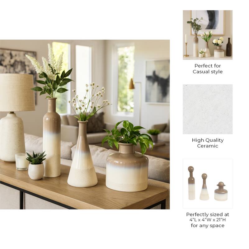 Elegant Glazed Ceramic Decorative Vase for Home Decor - Flower Vases with Modern Shapes - Set of 3, 21", Ivory