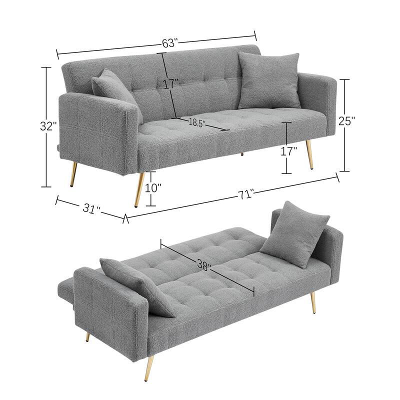 71" Modern Teddy Velvet Sofa Bed Folding Couch with Two Throw Pillows for Living Room