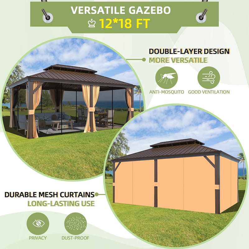 Outdoor Pro Series Galvanized Steel Hardtop Patio Gazebo Pergola w/Aluminum Frame, Prime Curtains and nettings include
