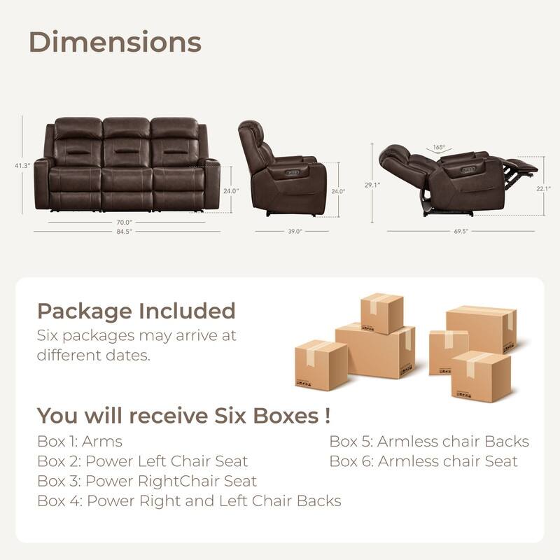 Spruce & Spring Genuine Leather Power Reclining Sofa with Wireless Charging