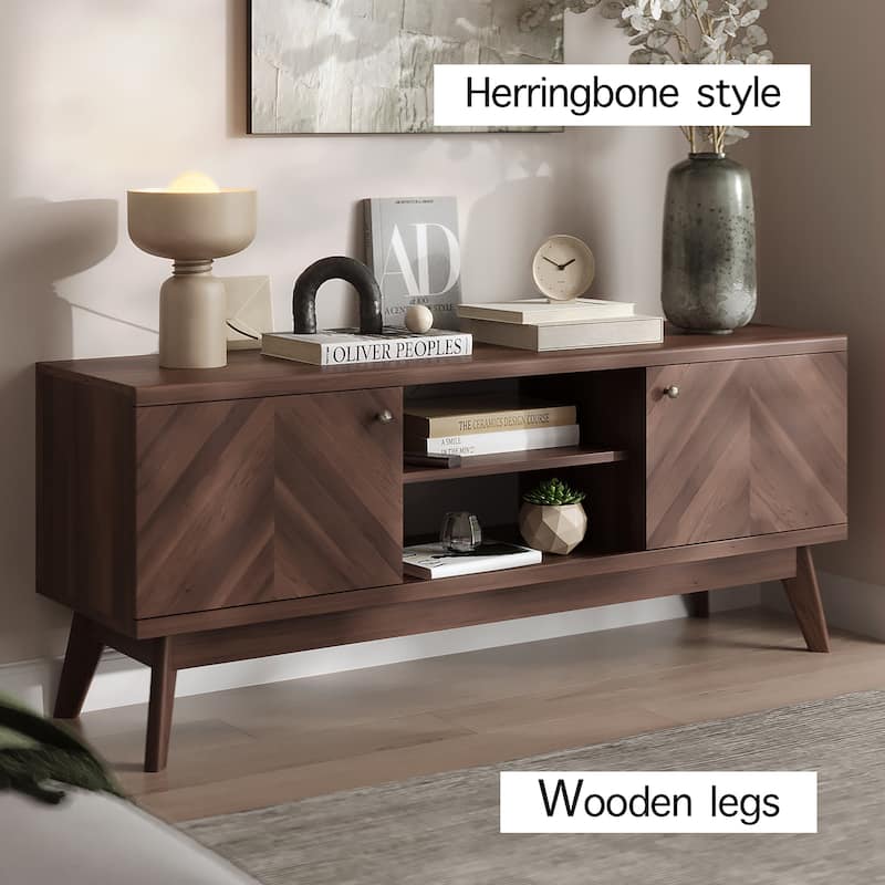 Living Skog Scandi Mid-Century Modern Herringbone TV Stand for TV Up to 65 Inches with Wooden Legs