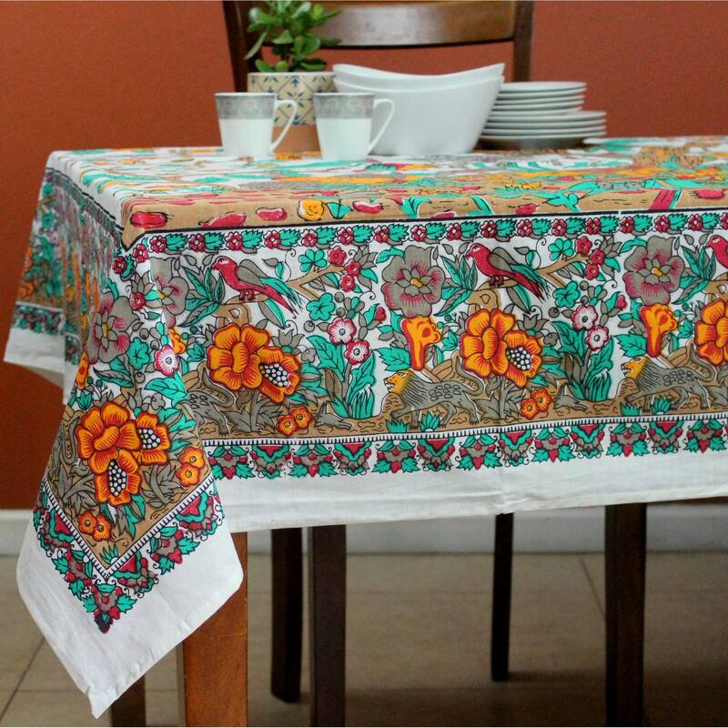 Vibrant Cotton Floral Tree Of Life Tablecloth Collection - 72 x 72 in - Brown Turquoise