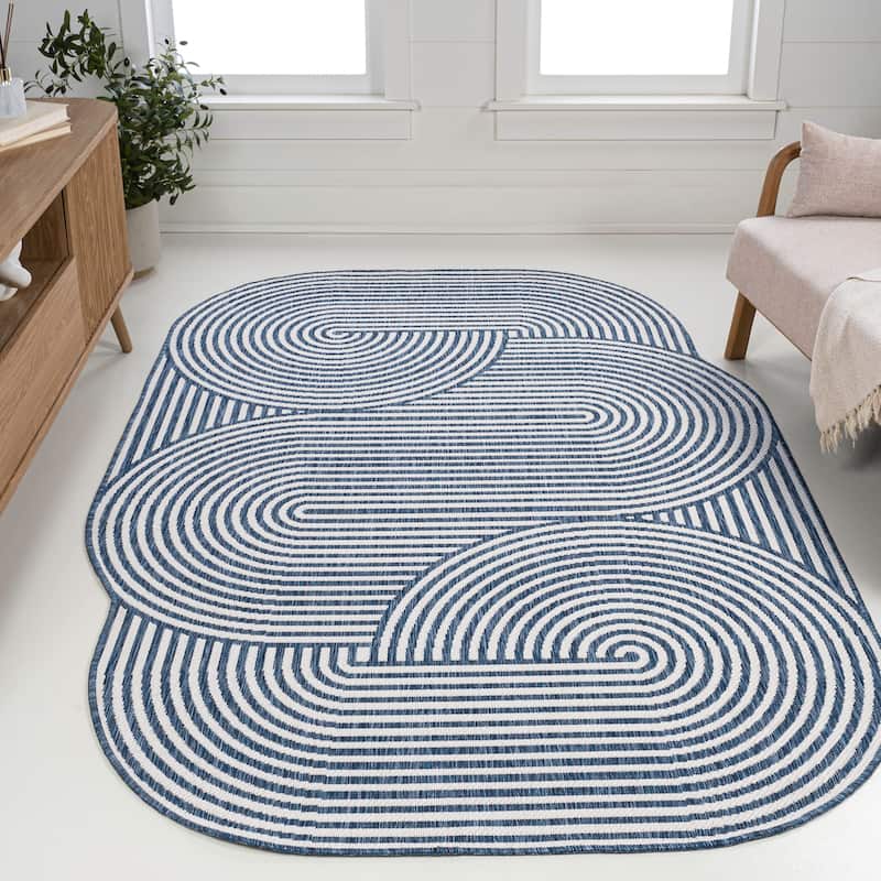 Margot Modern Geometric Arch Stripe Indoor/Outdoor Shaped Area Rug - 5 ft. x 8 ft. - Cream/Navy