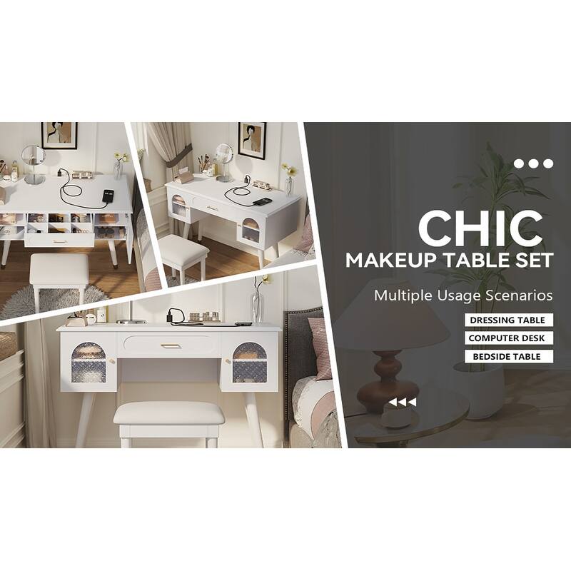 Vanity Makeup Table and Chair Set, Built-in Power Charging Station Dressing Table Writing Desk with Storage Organizer