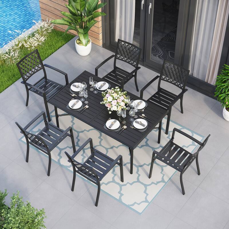 MAISON ARTS 7-Piece Metal Patio Dining Set With 1 Rectangular Table & 6 Stackable Dining Chairs - Elegant Chairs