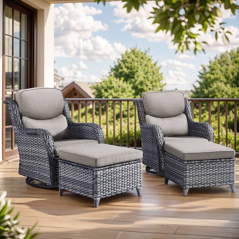 4 Pieces Outdoor Gliders Swivel Chairs Ottomans with 5-Inch Thick Cushions - Grey Rattan - Grey Cushion - 4PCS Swivel Chairs with Ottoman