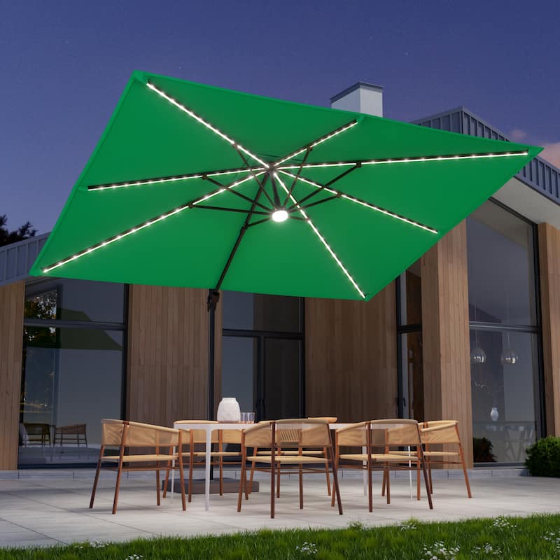 LIVOOSUN 11.5x9FT LED Cantilever Patio Umbrella Solution-Dyed Fabric w/Base - Forest Green