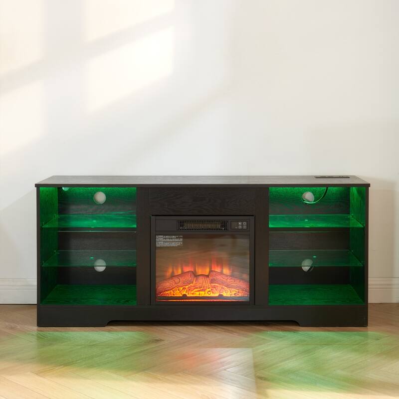 TV Stand Electric 3D Fireplace TV Stand with Glass Shelves