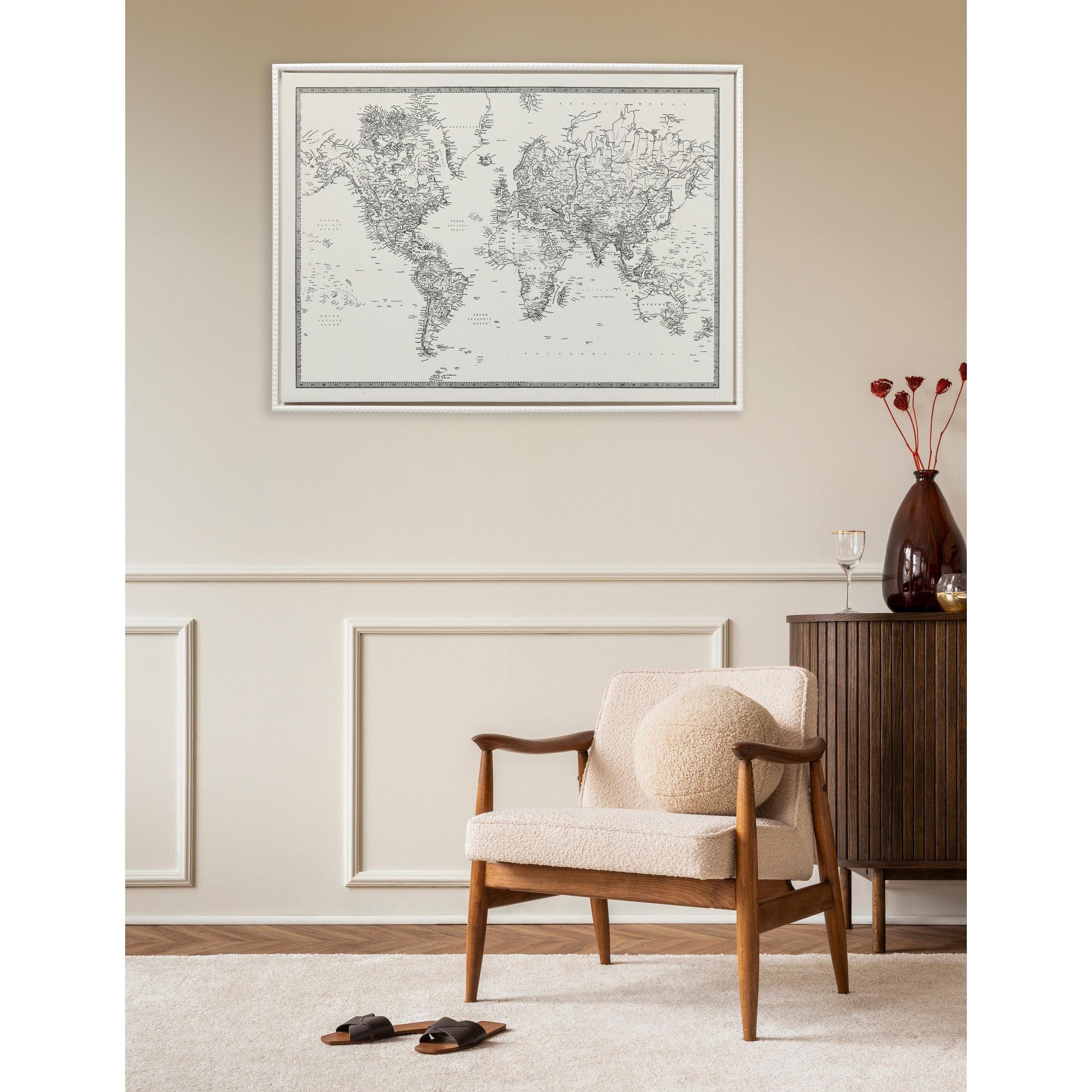Sylvie Beaded Vintage BW World Map Canvas by Creative Bunch Studio