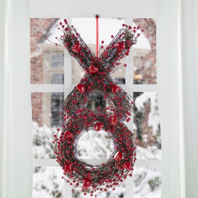 Glitzhome 24"H Valentine's XO Shaped Wreath Red Berry Garland - XO Wreath