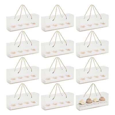 12 Pack Clear Cupcake Boxes Carrier Container with Gold Handle, 4 Compartments