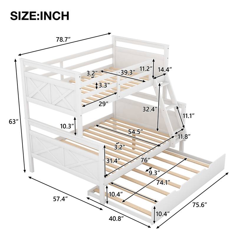 Twin over Full Bunk Bed with Ladder, Twin Size Trundle, Safety Guardrail, White and Grey