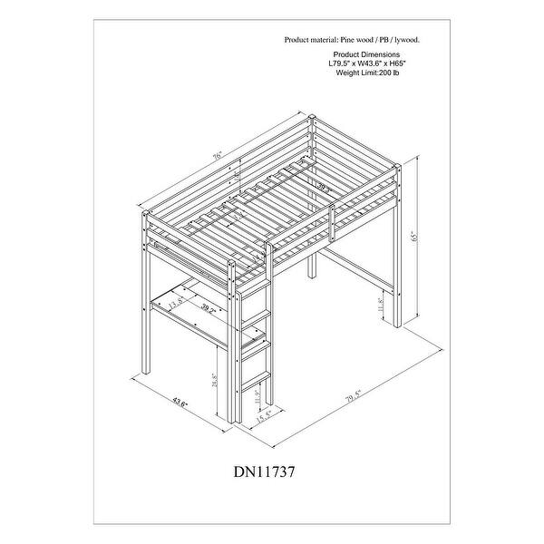 dimension image slide 1 of 4, Twin/ Full Size Wooden Loft Bed Frame w/ Built-in Desk and Guardrail