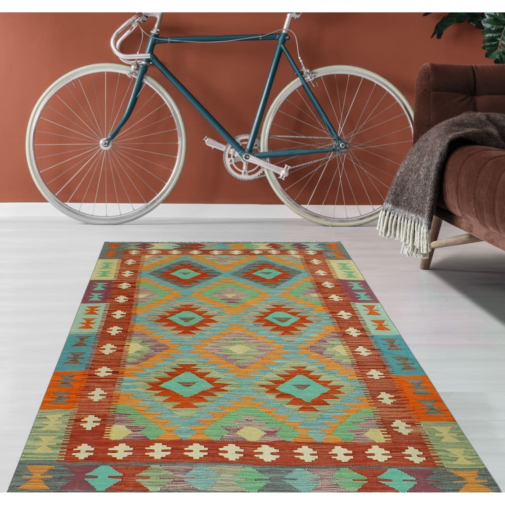 Sangat Flatweave Gulshan Orange/Blue Rug - 3'11" x 5'11"