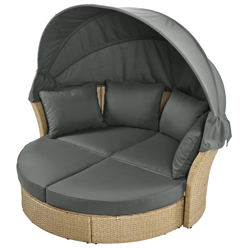 Wicker Rattan Daybed Round Sofa Set with Retractable Canopy and 4 Pillows, Convertible Sofa Bed with 2 Ottoman Chaise Lounge