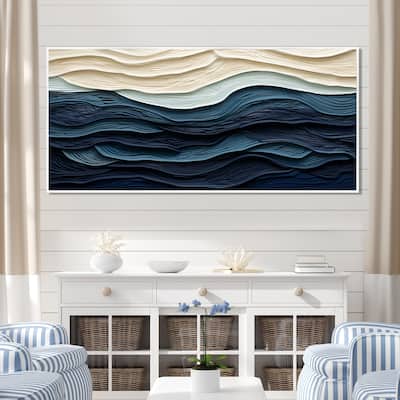 Designart "Blue And White Coastal Wave S Edge" Coastal Minimalism Blue Wall Decor Coastal Living Room Framed Canvas Art