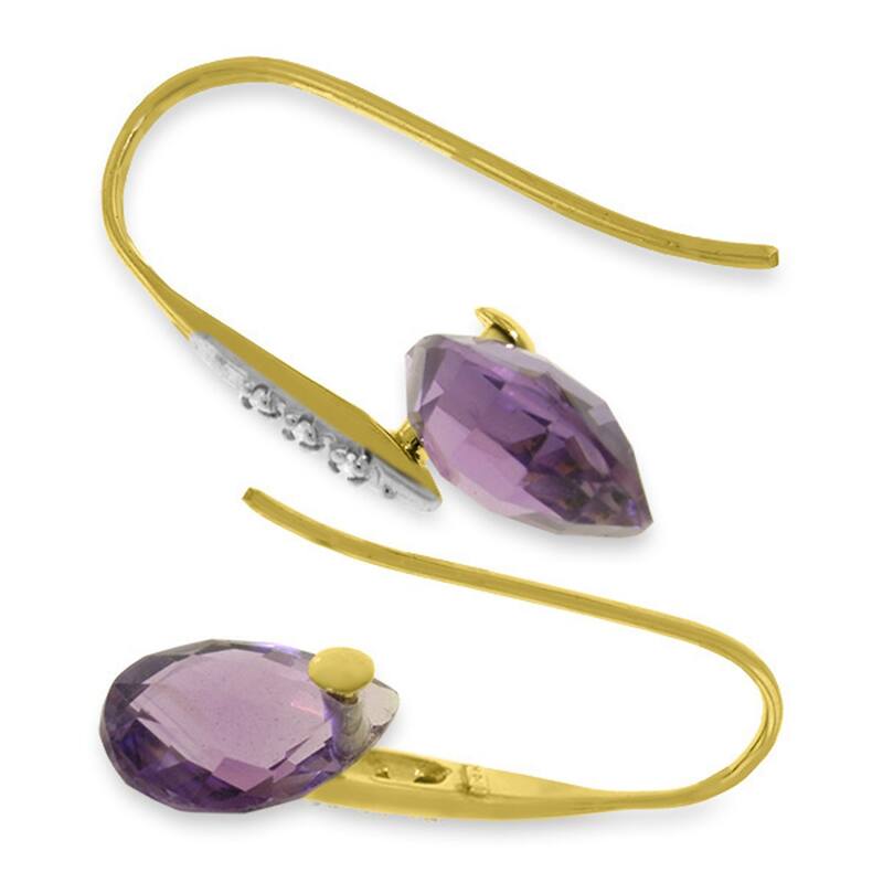 14K Solid Gold Fish Hook Earrings w/ Diamonds & Dangling Amethysts