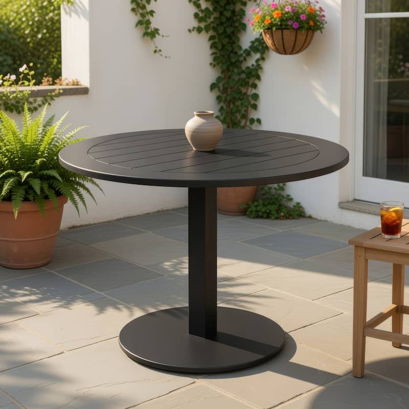 Keli 35 Inch Round Dining Table, Gray Aluminum Frame, Foldable Design