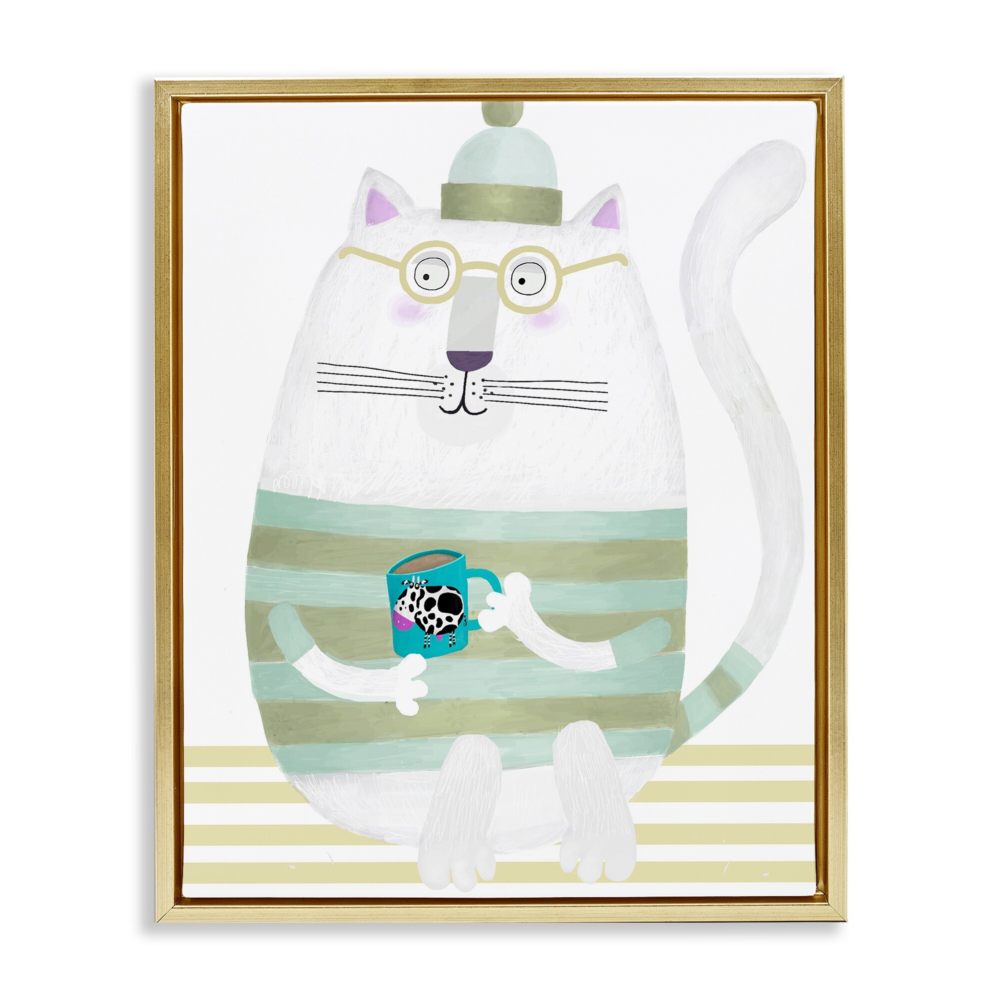 Stupell Cat with Cow Mug Framed Floater Canvas Wall Art Design By Carla Daly