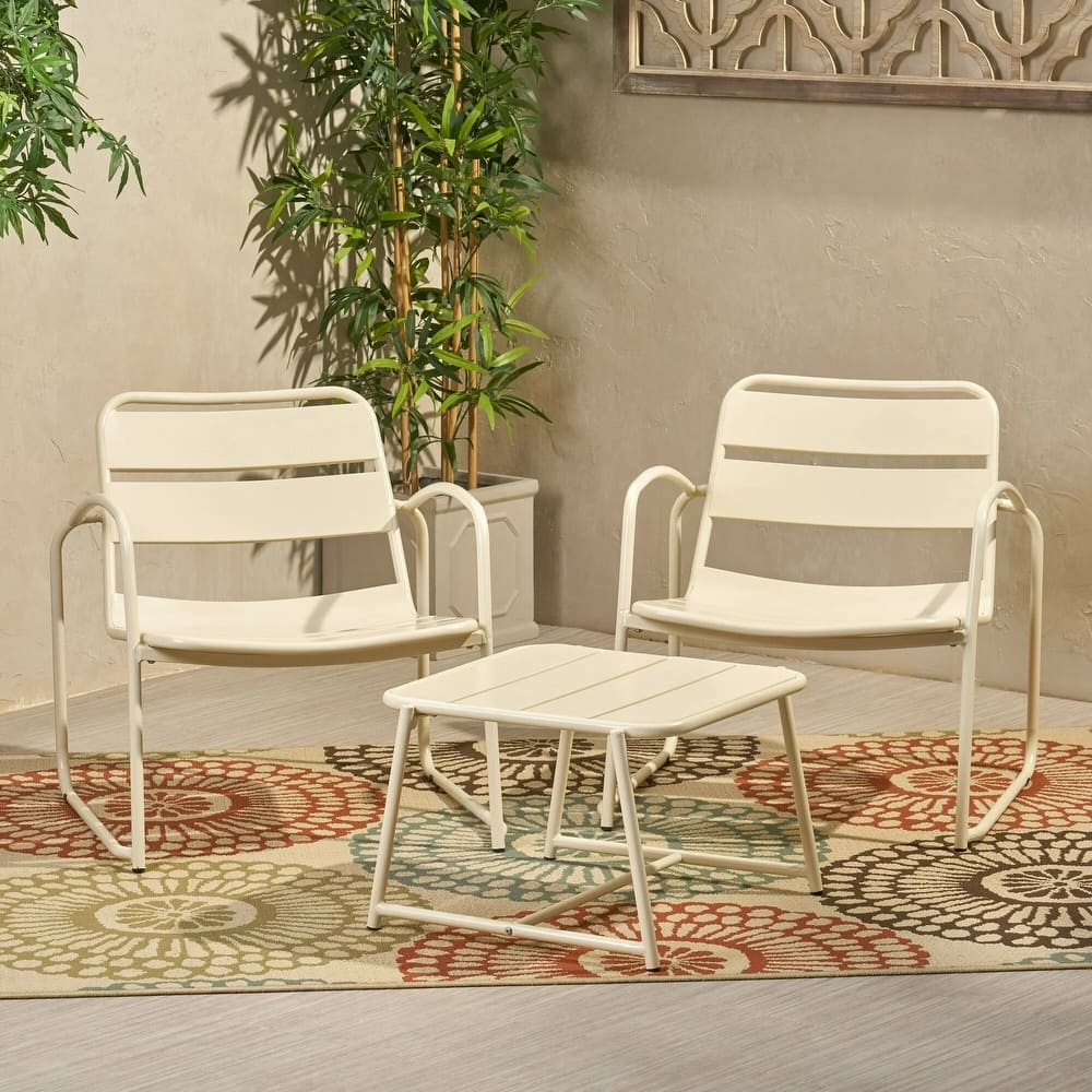 Roomfitters Outdoor Chat Set 3 Piece Metal Conversation Seating Slat Design Iron Chairs