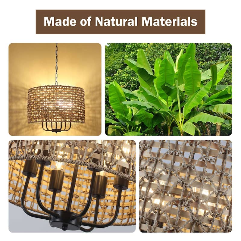 6-Light Boho Handwoven Rattan with Candle Chandelier