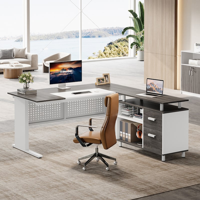 63-Inch L-Shaped Executive Desk with Storage Shelves