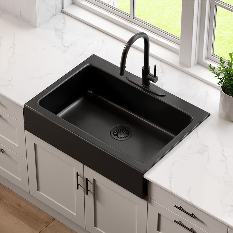 Parker Matte Black Fireclay 34″ Single Bowl Quick-Fit Farmhouse Apron Front Drop-in Kitchen Sink and Drain