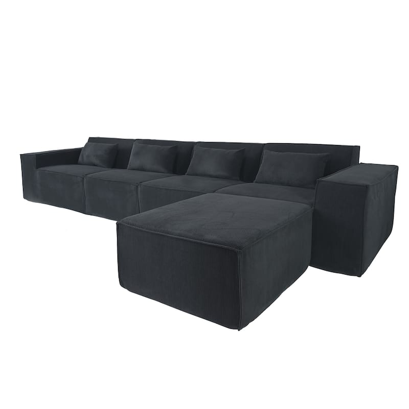 L-shape Corduroy Sectional Sofa with Ottoman, Flexible Combinations 5-Seater Living room Couch