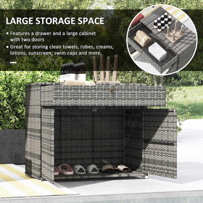 Outsunny Outdoor Towel Rack & Pool Toy Cabinet, Hot Tub Accessory Storage, Freestanding PE Rattan Wicker Cabinet