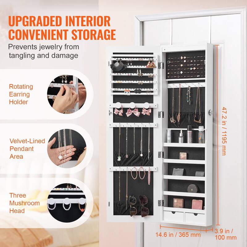 2-in-1 Full Length Mirror Jewelry Cabinet Armoire Wall Door Mounted Organizer with Lock - 14.6 x 3.9 x 47.5in
