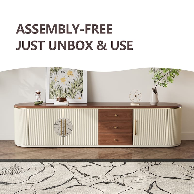 78.74" Mid-Century TV Stands, Fully Assembled,Brown Solid Wood Veneer, Media Console With 5 Cabinets+3 Drawers - 78.74