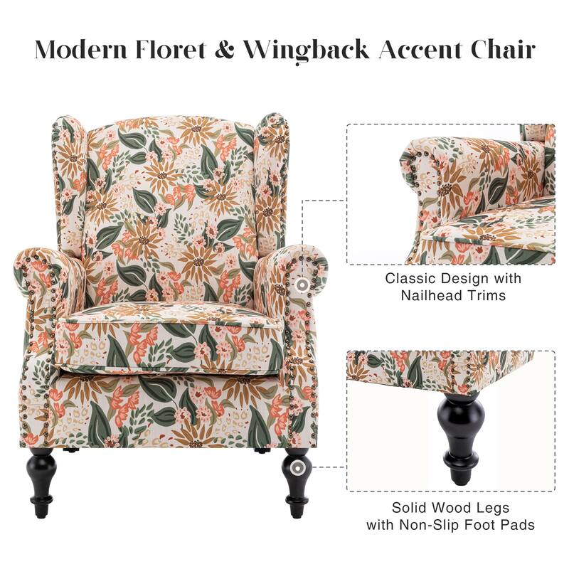 HOMYKA 29'' Wide Floral Pattern Wingback Accent Armchair with Nailhead Trim
