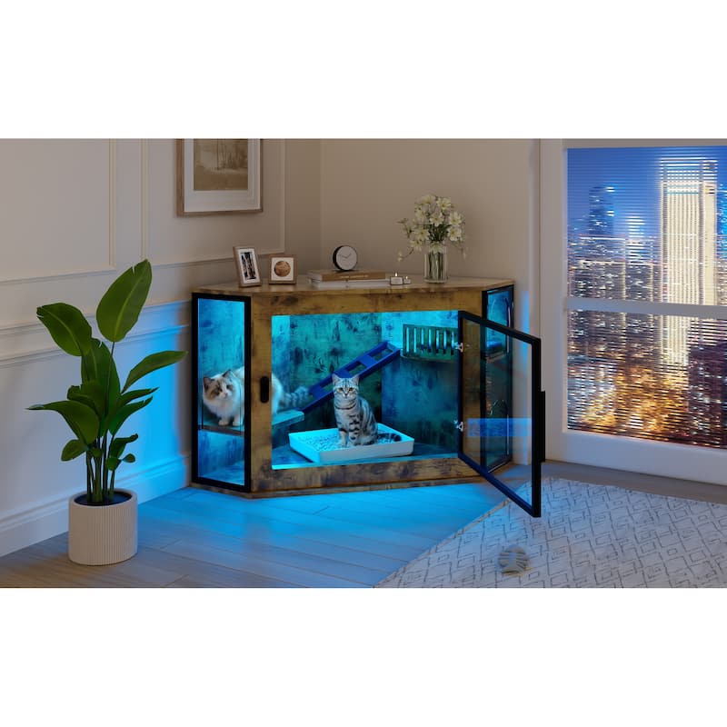 48" Corner Cat Litter Box Enclosure, Modern Hidden Litter Box Corner Cabinet with Acrylic Door and LED Light