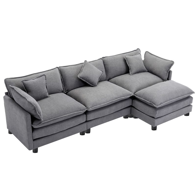 Grey 112.2" Modern L-Shaped 4-Seat Sectional Sofa with Removable Ottoman, 5 Plush Pillows, and Sturdy Construction