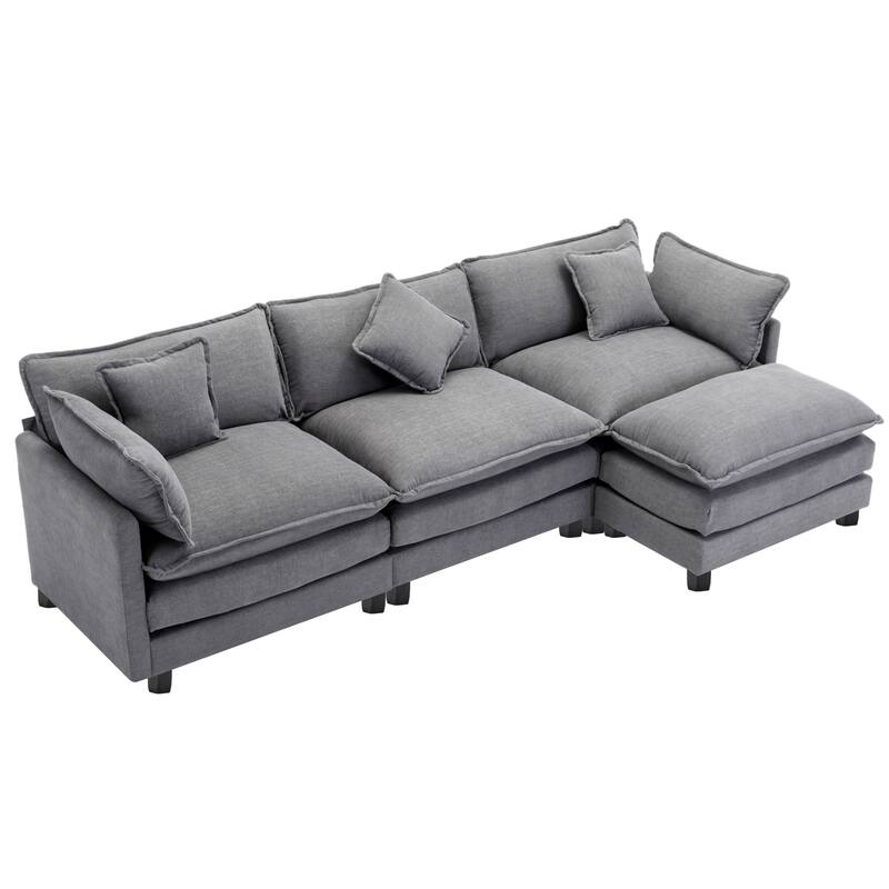 Grey 112.2" Modern L-Shaped 4 Seater Sectional Sofa with Removable Ottoman, 5 Plush Pillows, and Sturdy Frame