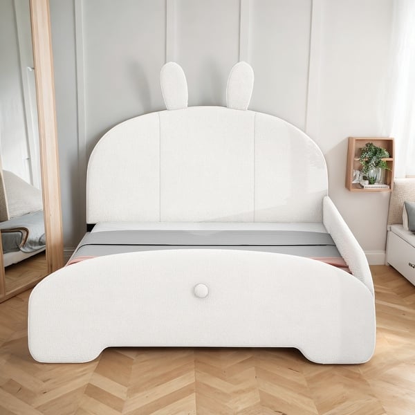 slide 2 of 12, Cute Full Size Upholstered Platform Kids Bed Frame with Cartoon Ears Shaped Headboard for Kids, Easy to Assemble, White White