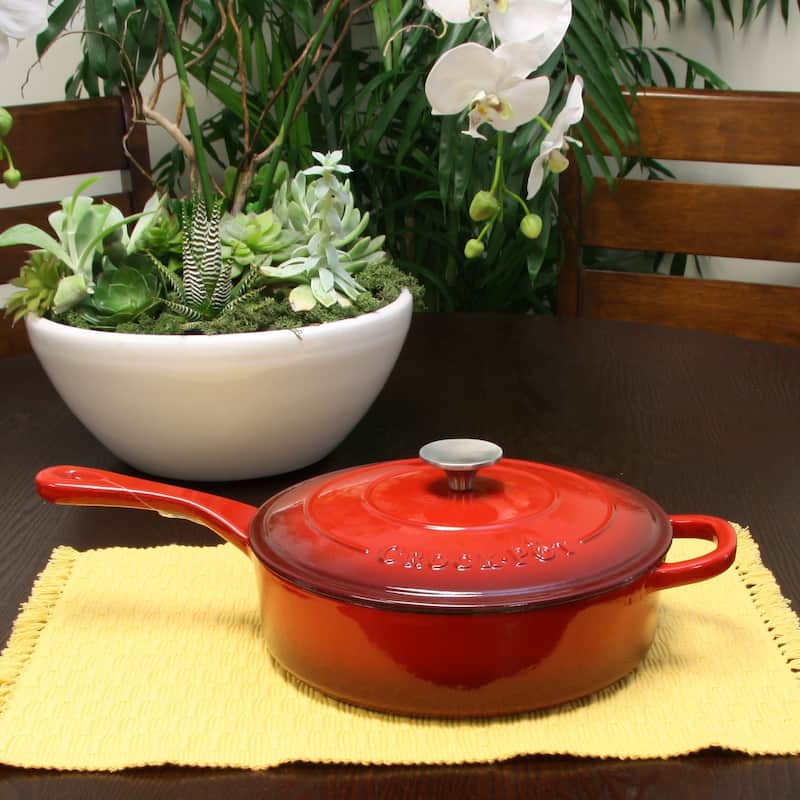 Crock Pot Artisan Enameled 3.5 Quart Cast Iron Deep Sauté Pan With Self Basting Lid in Scarlet Red