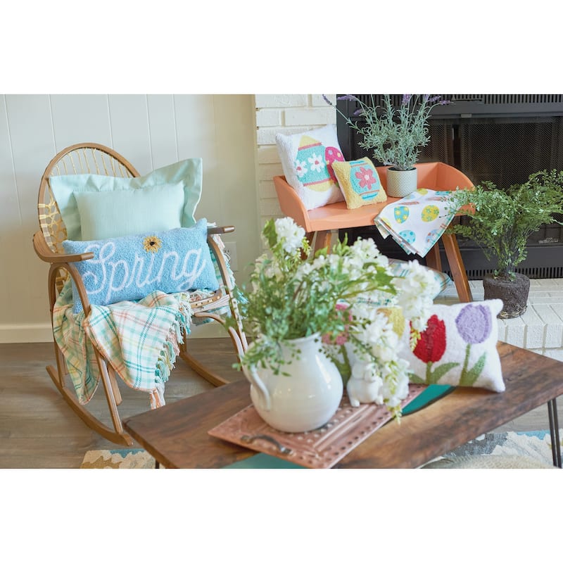 8" x 8" Flower Egg Hooked Small/Petite Spring Easter Themed Accent Pillow