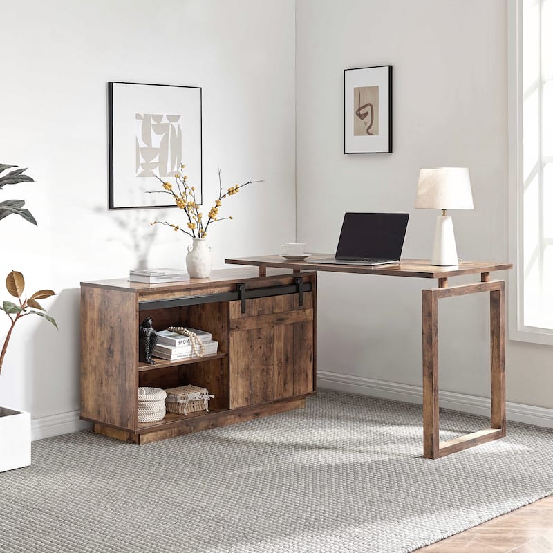L Shaped Desk with Storage Credenza Sliding Barn Door
