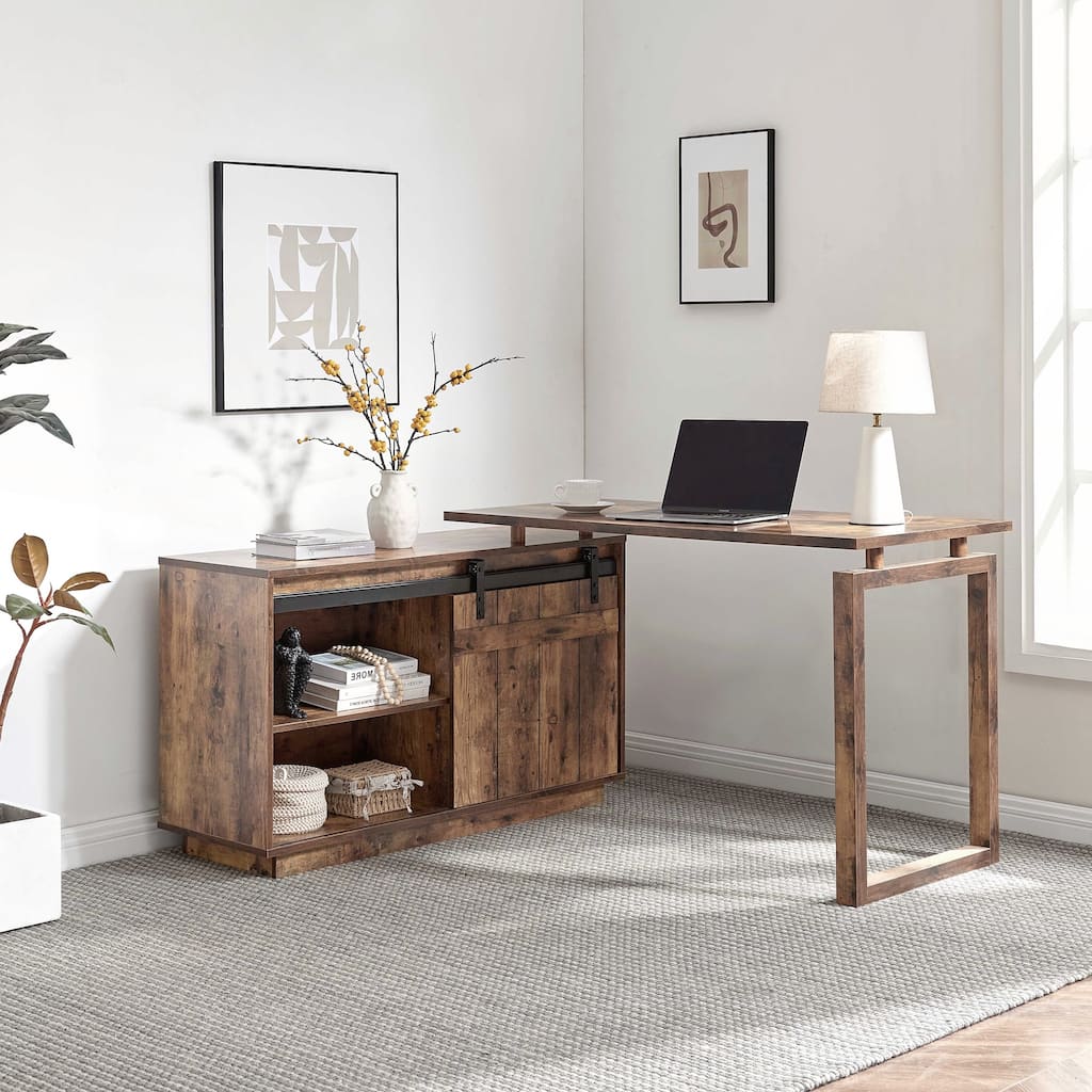 L Shaped Desk with Storage Credenza Sliding Barn Door