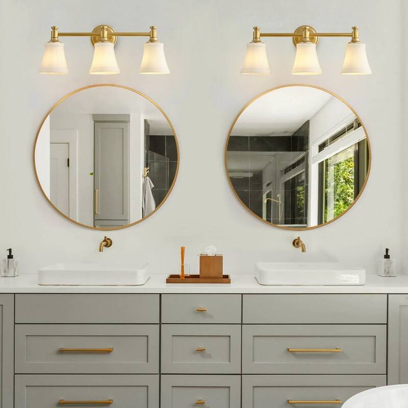 3 Light Antique Brass Vanity Wall Sconce with Frosted White Glass Shades Modern Vintage Bathroom Lighting Fixture