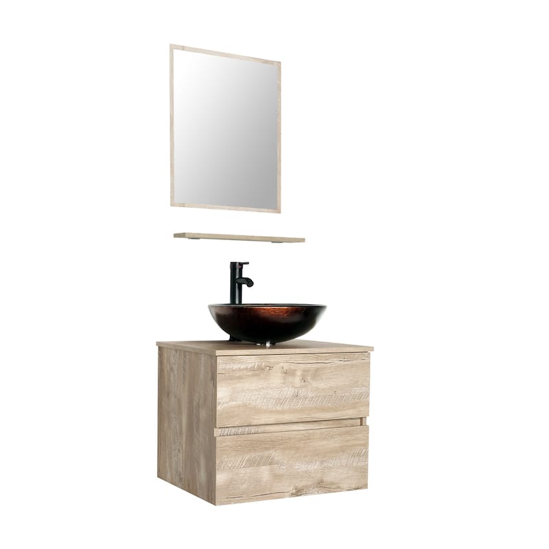 eclife 24" Wall Mounted Bathroom Vanity Ceramic Tempered Glass Sink Combo Natural 2 Drawers Cabinet Vanity Set