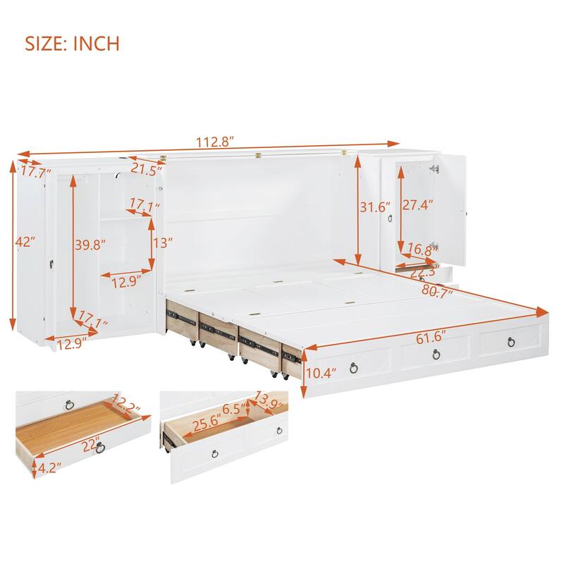 Queen Murphy Bed with USB, Wardrobes, Drawers