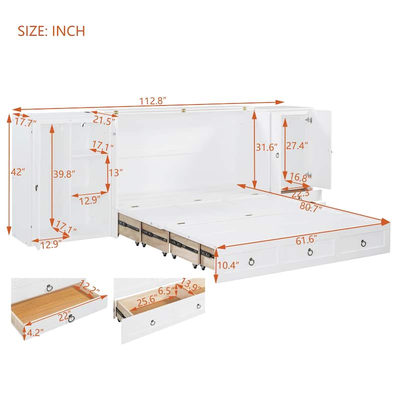 Queen Size Murphy Bed with USB Port, Little Wardrobes and Drawers