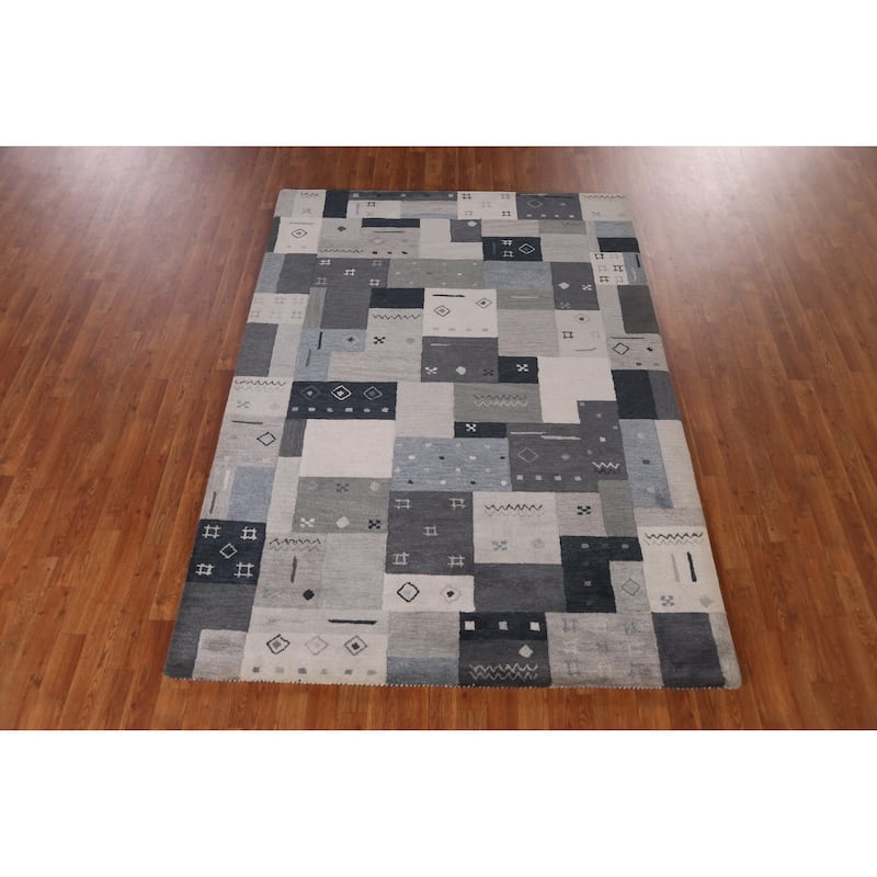 Geometric Gray Gabbeh Indian Area Rug Hand-Tufted Wool Carpet - 5'3" x 7'7"