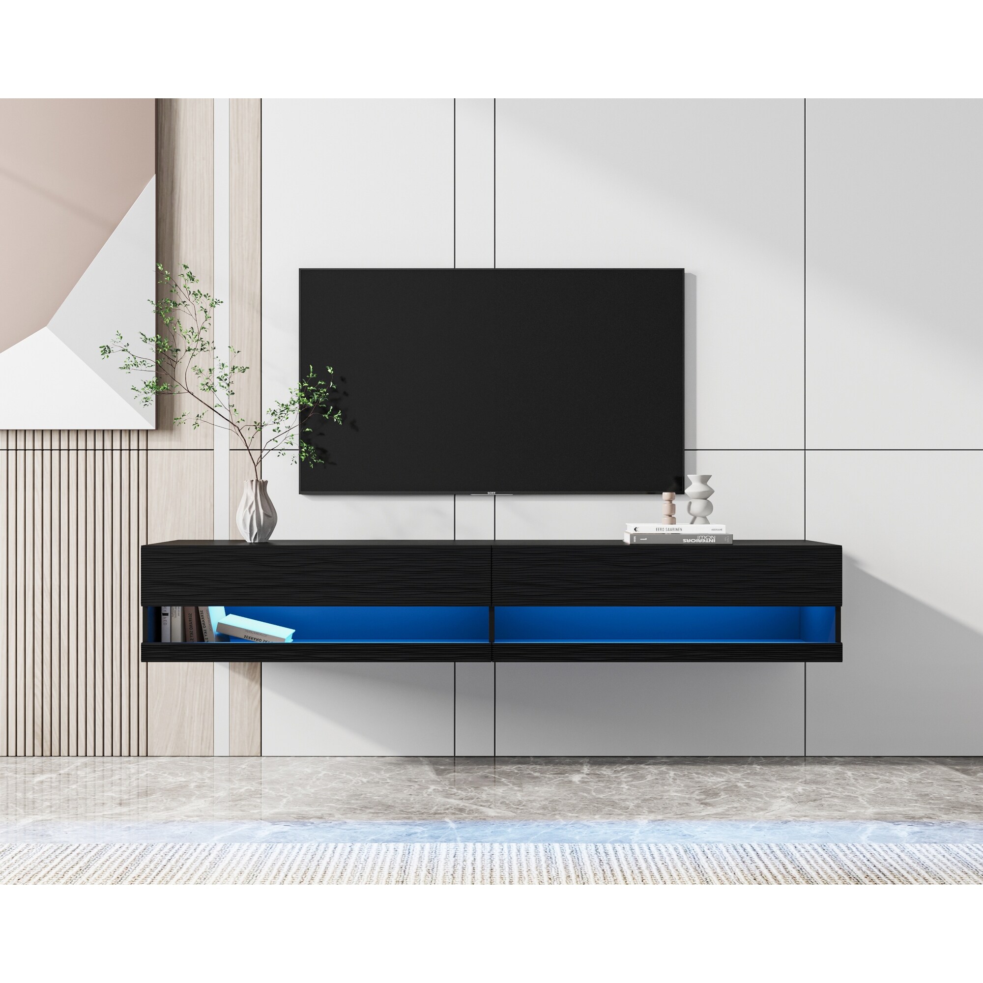 LED Light 180 Wall Mounted Floating Media 80 Relief TV Stand with Push Click Door Opening System and 2 Separate Storage Black