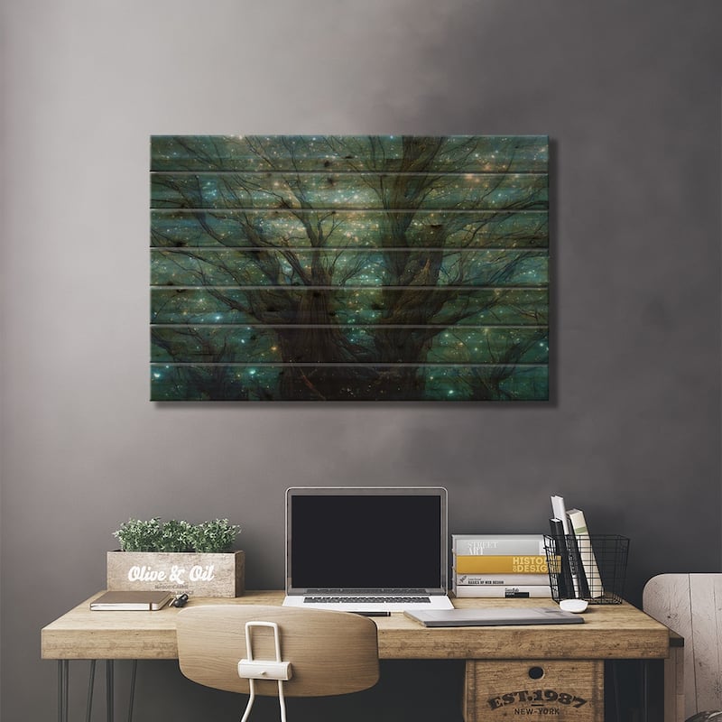 Bare Tree And Fireflies Print On Wood by Mike Kiev - Multi-Color