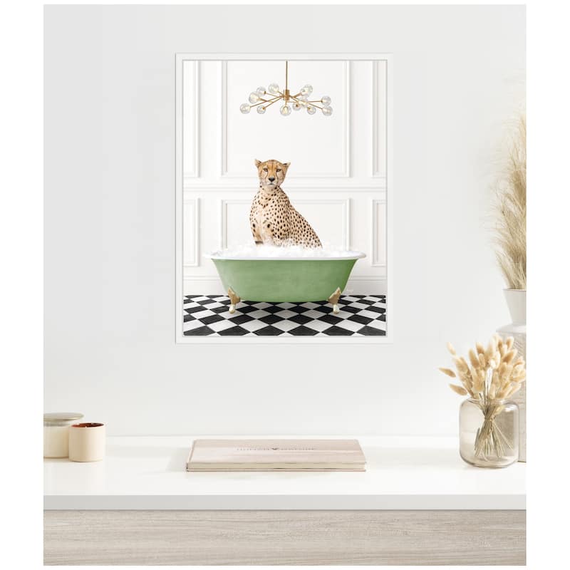 Kate and Laurel Sylvie Cheetah in Green Bathtub Checker Floor Framed Canvas by Amy Peterson